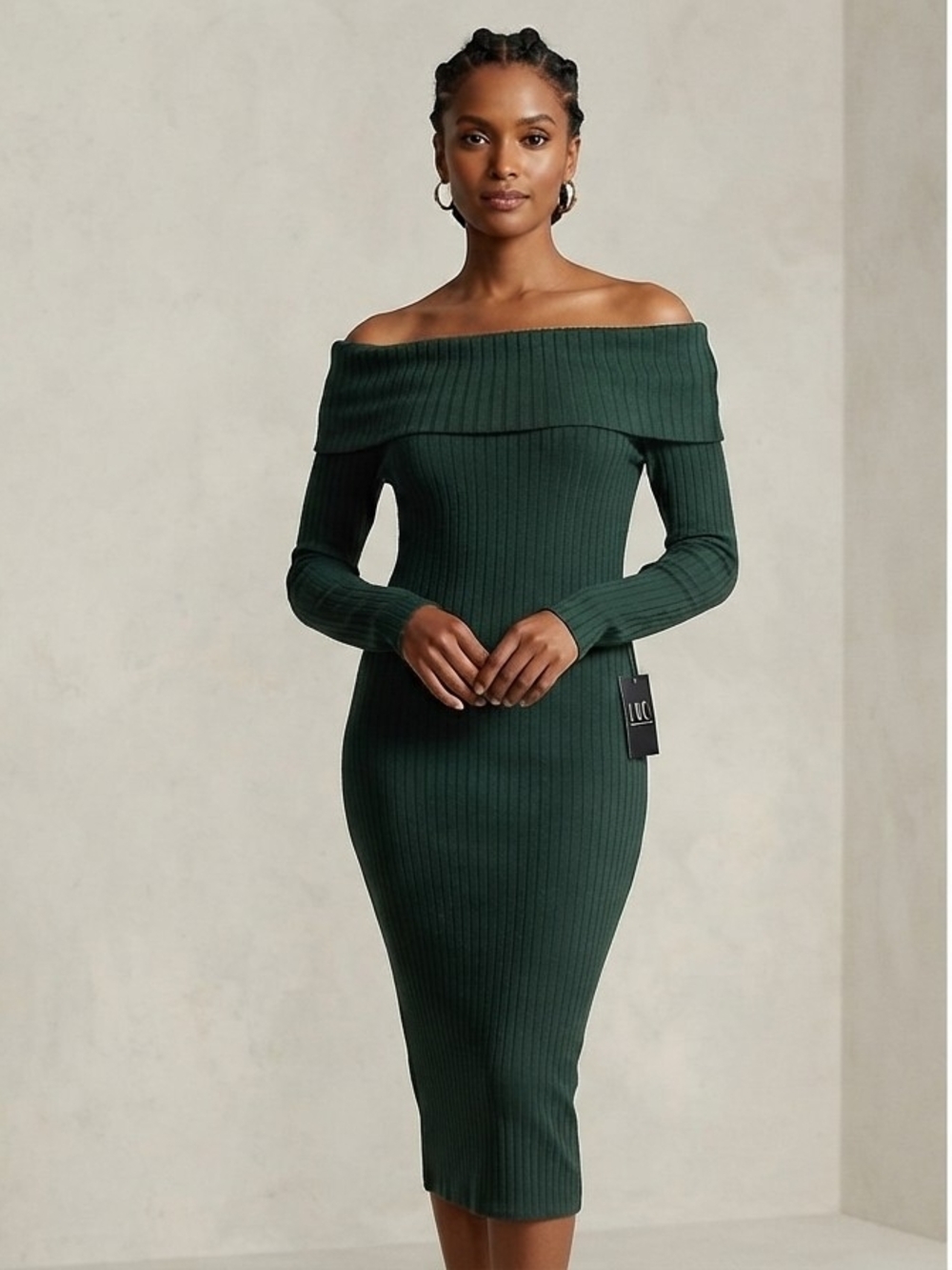 INC International Concepts One-Shoulder Ribbed Midi Dress in Dark Green